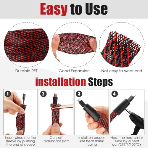 Tatuo 151 ft Braided Cable Sleeve Expandable Wire Sheathing(Red, Black) - color: Red, Black, size: 151 ft