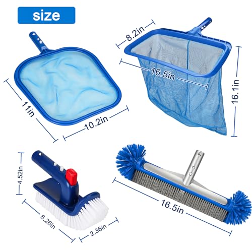4pcs Pool Cleaning Kit Heavy Duty Skimmer, Rake, Brushes (No Pole)