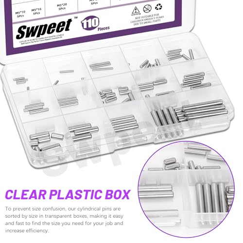 Swpeet 110Pcs 304 Stainless Steel M2/M3/M4/M5 Dowel Pins Assortment Kit - Metric Cylindrical Pins for Shelf Support, Furniture Assembly & Industrial Maintenance ( Includes Storage Box) - size: M2