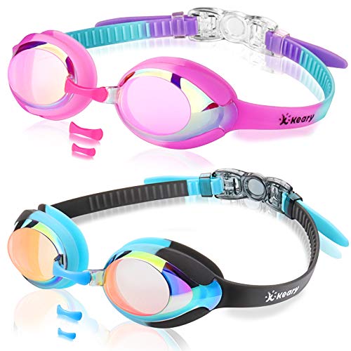 Keary Kids Swim Goggles Anti Fog & UV Girls Toddler Boys for 3-12 - color: Mirrored Black & Pink