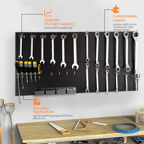 FRAYSCENT Peg Board for Wall 48x24 inch with 63 Pcs Hooks Accessories, Garage Storage Pegboard Wall Organizer, Metal Pegboard Panels with Hooks, Modular Mounted Control Peg Board Tool Organization