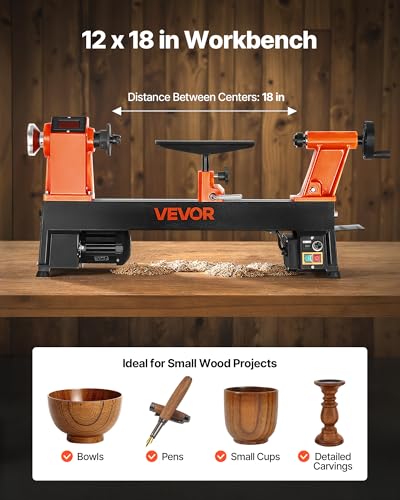 VEVOR Wood Lathe, 6Amp 1 HP Benchtop Wood Lathe Machine with 150 to 3800 RPM Variable Speed 12 x 18" Workbench Brushless DC Motor Cast Iron Construction for Beginners DIY Enthusiasts Woodworking - size: 12" x 18"-1 HP