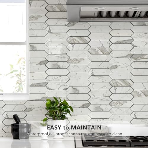 Vamos Tile Glossy Carrara White Backsplash Tile Peel and Stick, 12.8 x 12.8 Inch 10 Sheets Long Hexagon PVC Self Adhesive Mosaic Wall Tiles Stick on Backsplash for Kitchen and Bathroom - color: Glossy Carrara White with Dark Gray Grout