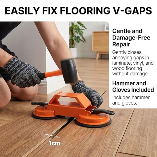 Floor Gap Fixer Tool Kit for Laminate and Vinyl Plank, Heavy Duty Double Suction Cup Floor Gap Closer with Non-Marring Rubber Mallet, Sticky Pads, Seam Knife - Complete DIY Home Flooring Repair Set
