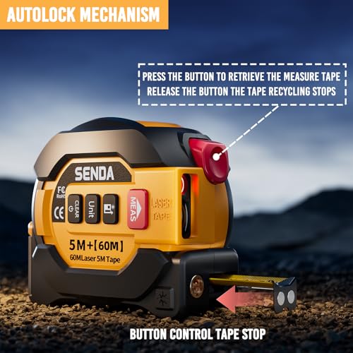 SENDA 3-in-1 Laser Tape Measure - 197Ft Digital Measuring Tape with Led Display&16Ft Measuring Tool with Magnetic Hook & Auto Lock - Pythagorean, Area, Volume, Ft/Ft+in/in/M Unit,AAA Battery*2, Yellow - color: Yellow(Battery Model), size: 197 FT