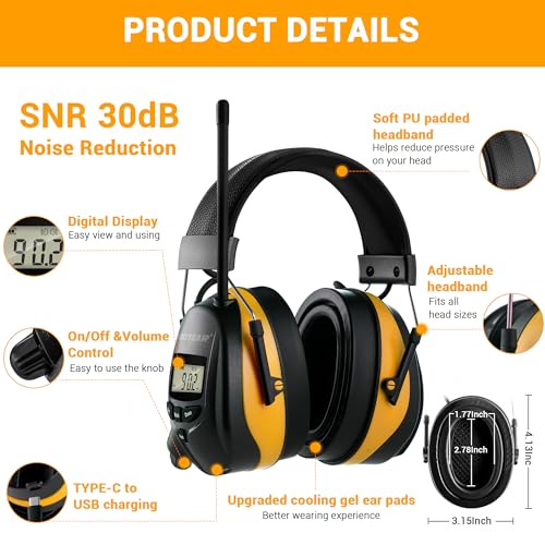 Bluetooth 6.0 AM FM Radio Headphone,Earmuff for Mowing,Construction - color: Yellow