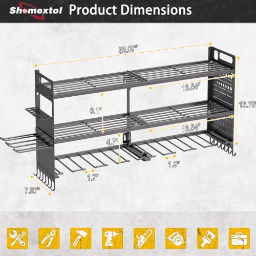 33" W Power Tool Organizer Wall Mount, 3-Layer,10 Drill Holders - color: Black, size: 10 Drills Holder-3 Layers