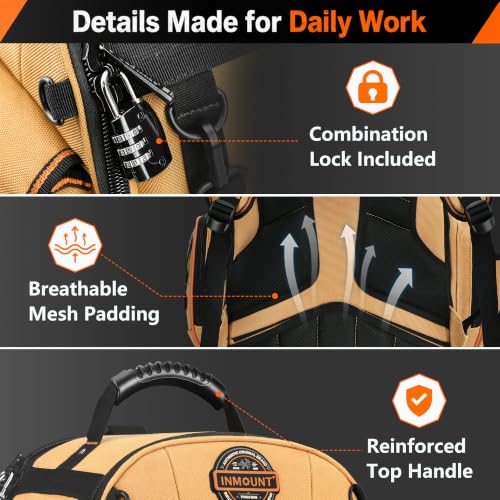 LOKASS Tool Backpack Heavy Duty, 18.5 in, 56 Pockets, Molded Bottom, Brown - color: Brown