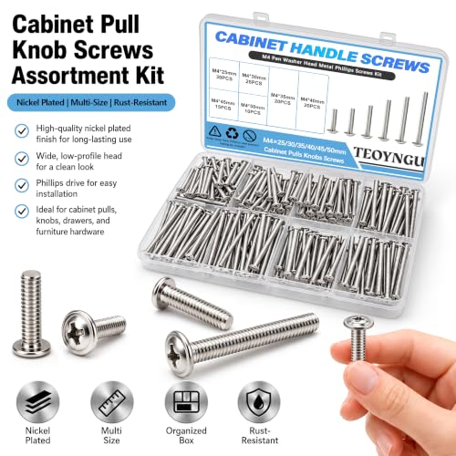 200PCS M4 Cabinet Pulls Knobs Screws,M4 Machine Screws,M4×25/30/35/40/45/50mm Phillips Pan Head Drawer Screws with 80PCS Washers for Kitchen,Bathroom,Furniture Handles Install - size: M4×25/30/35/40/45/50mm