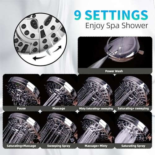 BESAQUO 9 Functions High Pressure Shower Head with Handheld,Built-in Pause Mode&Power Wash,Non-Clogging Nozzles,6ft Hose&Bracket