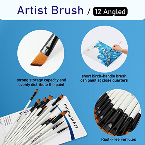 Falling in Art 12 PCS Professional Angled Paint Brushes Set - size: 12 Pcs Angled Nylon