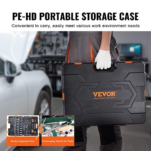 VEVOR Mechanics Tool Set, 205 Pcs SAE and Metric Sockets, 1/4" 3/8" 1/2" Drive Deep and Standard Sockets, Chrome Vanadium Steel, Polyethylene - size: 205-PCS