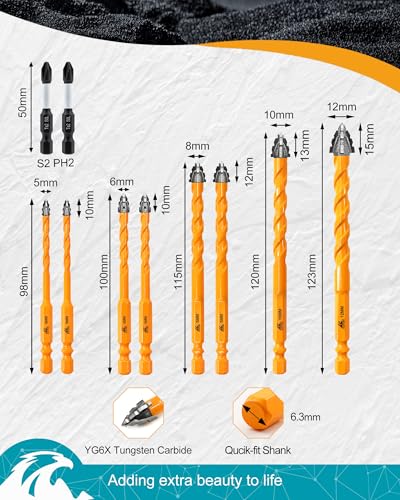 10pcs Masonry Drill Bit Set 3/16" (5mm) to 1/2" (12mm), EXFEIN Serrated Drill Bits Set for Wood Plastic Tile Concrete Brick Marble with 1/4 Inch Quick-fit Hex Shank - size: Set 4(10-Pack)