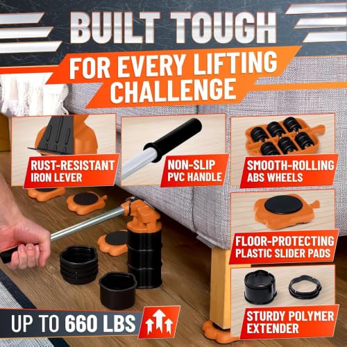 Furniture Lifter Tool with 4 Appliance Rollers 660 Lbs - Furniture Lifters for Heavy Furniture Movers with Wheels Furniture Lift Mover Tool Set - Heavy Furniture Sliders Moving Furniture Gliders - color: Orange