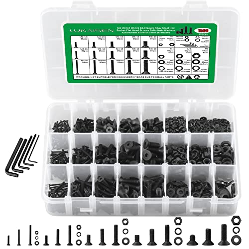 1500PCS Screw Assortment Kit, M2-M6 10.9 Alloy Steel Hex Flat Cap Bolts - size: M2 M3 M4 M5 M6 1500pcs 1
