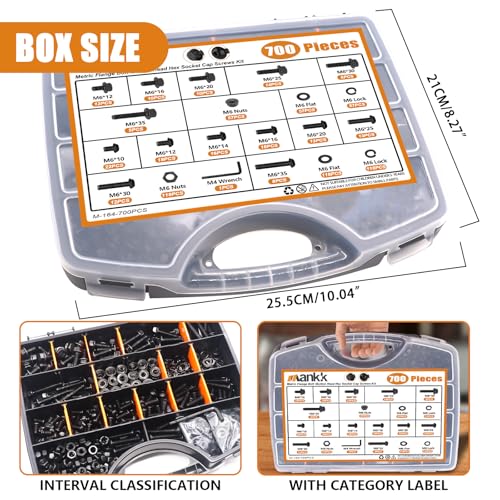 mankk 700PCS M6 Flange Bolt and M6 Button Head Hex Socket Cap Screws Assortment Kit M6×1.0 (10mm to 35mm) Metric Grade 10.9 Alloy Steel Class Hex Bolts and Nuts Washers Kit - color: Black-700PCS M6