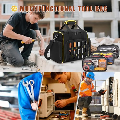 Marscamd Tool Bag with 3 Removable Cases, 2 Layers Tool Tote for Hand Tools - color: Black with Yellow Binding