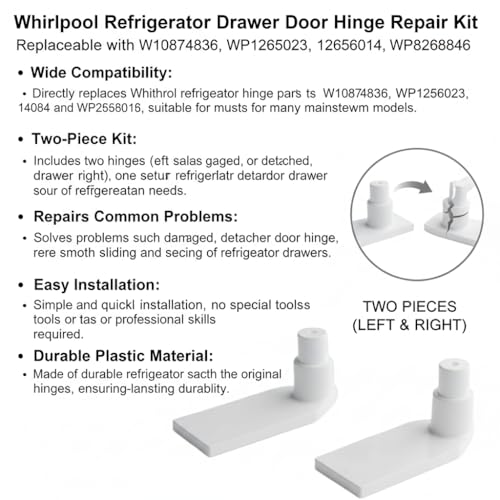 Refrigerator Pantry Door Hinge Repair Kit for Whirlpool, Replaces W10874836, WP12656023, 12656014, WP8268846, 2-Pack (Left & Right) for Broken Fridge Drawer Hinges