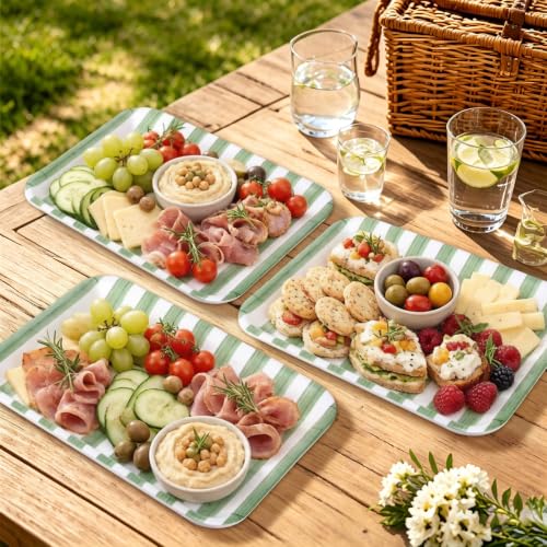 JarThenaAMCS 3Pcs Sage Green Stripe Serving Trays Hand Painted Striped Serving Dish Reusable Melamine Platter for Wedding Birthday Baby Shower Graduation Party Sharing Food Supplies
