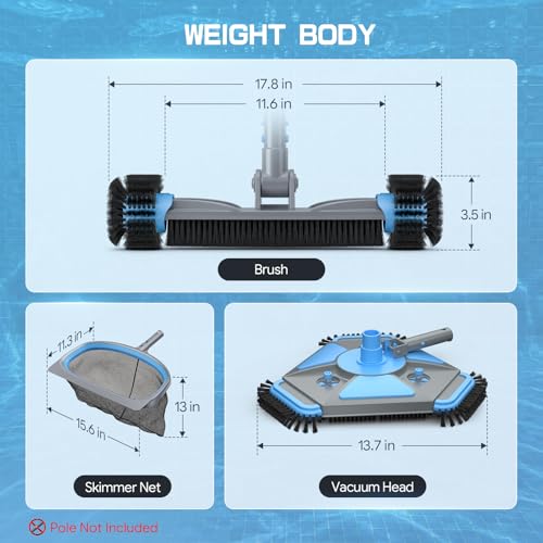 UIRWAY (No Pole) 3-in-1 Pool Cleaning Kit: Vacuum Head, Brush, Net - size: 13.5" Vacuum Head