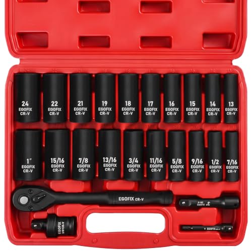 24 Piece 3/8" Socket Ratchet Wrench Set, Deep SAE (7/16 to 1 inch) and Metric (13-19mm, 21, 22, 24mm) 6 Point, with Ratchet Handle, Extension Bar, Adapter, Impact Universal Joint, Storage Box - color: 3/8-24pcs