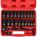24 Piece 3/8" Socket Ratchet Wrench Set, Deep SAE (7/16 to 1 inch) and Metric (13-19mm, 21, 22, 24mm) 6 Point, with Ratchet Handle, Extension Bar, Adapter, Impact Universal Joint, Storage Box - color: 3/8-24pcs