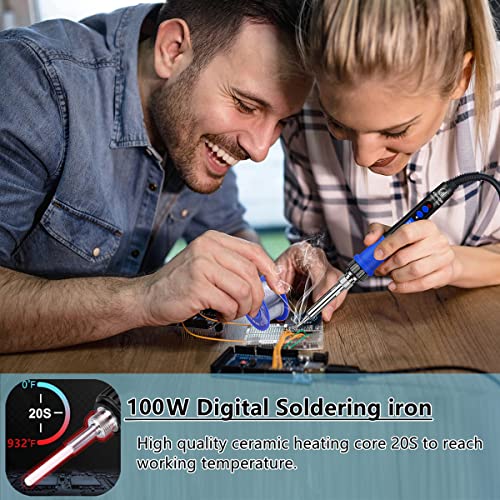 Soldering Iron Kit, 100W High-Power LCD Digital Soldering Iron, Circuit Board Repair Soldering Kit with Magnifying Glass Helping Hands, Adjustable Temperature Solder Welding Tools - color: Blue (12-in-1 Soldering Iron Kit)