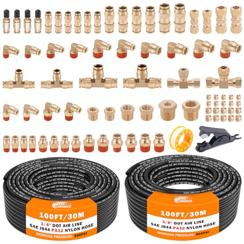CheeMuii 80 PCS Brass DOT Air Line Fittings with 1/4" & 3/8" DOT Air Hoses - size: 2ROLL-84PCS