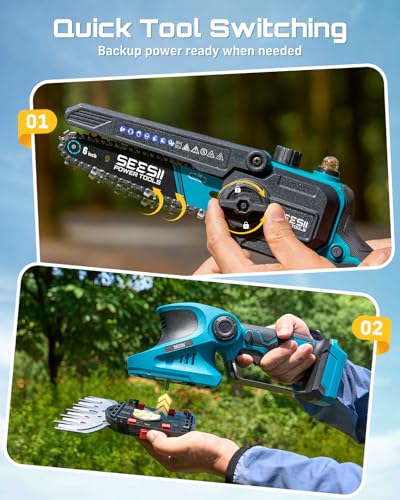 SEESII 4-in-1 Electric Mini Chainsaw, Battery Hedge Trimmer & Pruner Combo - color: Royal Blue