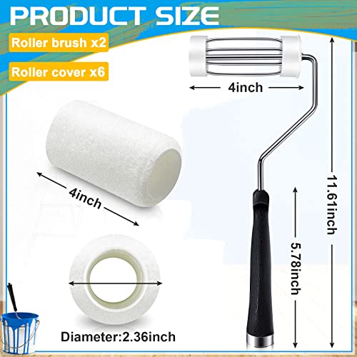 Tessco 2 Pack 4 Inch Paint Roller Kit Self Lock Roller Frame and 6 Cover Set with Durable Anti-fatigue Soft Grip Handle Paint Supplies and Tools for Home Improve Painting Walls
