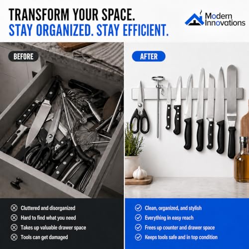 Modern Innovations 16 Inch Stainless Steel Magnetic Knife Bar with Multi-Purpose Functionality as a Knife Holder, Knife Strip, Magnetic Tool Organizer, Art Supply Organizer & Home Organizer - size: 16 Inch