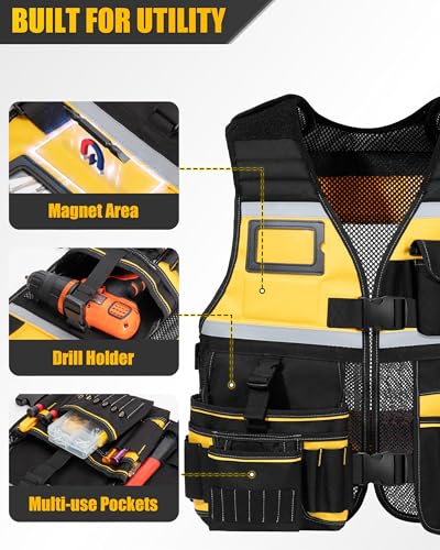 Electrician Tool Vest for Men, Carpenter Safety Work Vest - color: Black With Yellow