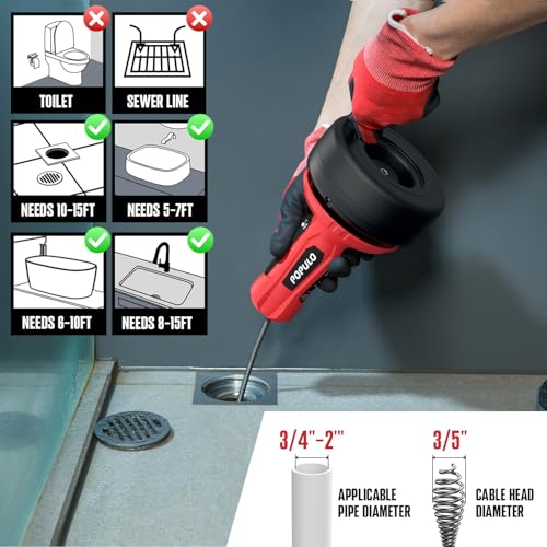 POPULO Auto-Feed 17FT Drain Snake Auger for 3/4"-2" Pipe, Plumbing Snake Drain Auger with Drill Adapter, Sink Snake Drain Hair Remover for Kitchen, Bathroom and Shower Sink, PMDA-5