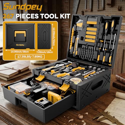 Sundpey 267 Pcs Tool Kit Set for Home with 21V Cordless Drill & Drawer Case