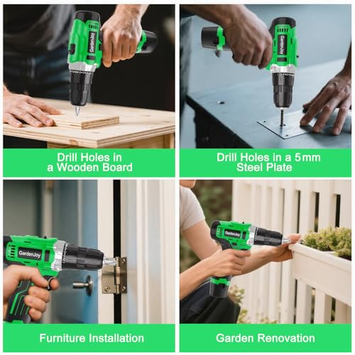 GardenJoy Cordless Power Drill Set: 12V Electric Drill with Battery and Charger, 42pcs Acessories, 3/8"Keyless Chuck, 2 Variable Speed, 24+1 Position, Compact Drill Driver Kit for Home & DIY Project - style: 12V - 2 Batteries - Green - Basic