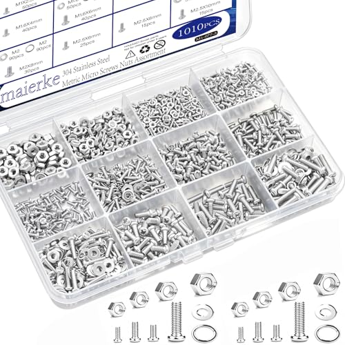 1010Pcs 304 Stainless Steel M1 M1.6 M2 M2.5 Metric Micro Screws Nuts Assortment, Hex Nuts, Small Machine Screws, Flat & Spring Washers for Arduino, RC Models, Electronics and DIY - size: 1010pcs