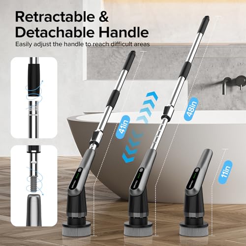 Electric Spin Scrubber, 10-in-1 Shower Scrubber & Retractable Long Handle, 44 lbs High-Torque & Variable Speed Shower Cleaning Brush for Bathroom,Toilet, Bathtub, Kitchen, Tile Floors, - color: Black