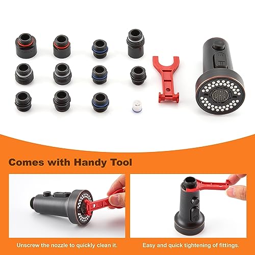 TIORIY Kitchen Faucet Head Replacement with 15 Adapters, 3 Modes Kitchen Faucet Spray Head Replacement, Pull Out Kitchen Faucet Sprayer Head Nozzle, Oil Rubbed Bronze, Plastic - color: Oil Rubbed Bronze, style: Blade Spray