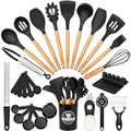 Astercook 39 PCS Kitchen Utensils Set, Silicone Cooking Utensil Sets with Wooden Handle, 446°F Heat Resistant Food Grade Spatula Set, BPA Free Kitchen Gadgets Tools Set & Spoons for Nonstick Cookware - color: Black