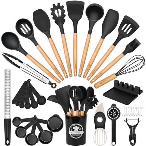 Astercook 39 PCS Kitchen Utensils Set, Silicone Cooking Utensil Sets with Wooden Handle, 446°F Heat Resistant Food Grade Spatula Set, BPA Free Kitchen Gadgets Tools Set & Spoons for Nonstick Cookware - color: Black