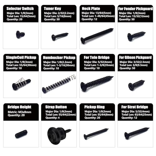 Guitar Screws Kit 304 Stainless Steel Luthier Parts-kit for Tele/Strat/SQ,Switch,Tuner,Machine Head, Neck Plate,Pickguard,Guitar Strap End Pins,Pickup,Bridge,Guitar DIY Kit(Metric, Black) - color: Black