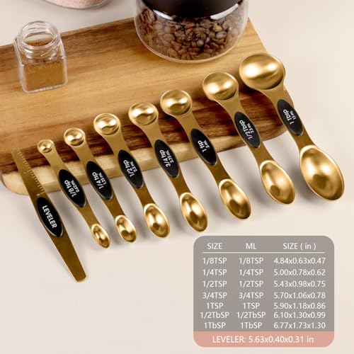 ChefAide Set of 8 Magnetic Measuring Spoons, Stainless Steel, Dual Sided - color: Gold, size: Magnetic Measuring Spoons