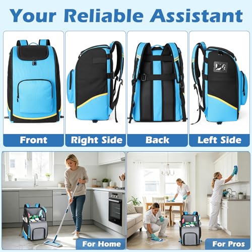 Rolling Cleaning Caddy Bag with Wheels, Large Cleaning Supplies Organizer Backpack with Detachable Trolley and Cleaning Apron for Housekeepers, Home, Hotel & Car Detailing - color: A02-blue