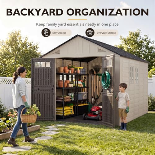 Aoxun 8x12 Ft Outdoor Storage Shed with Floor, Large Resin Outdoor Shed with Lockable Door & Windows, Garden HDPE Sheds for Lawn Tools, Pool Supplies & Bikes - size: 8x12