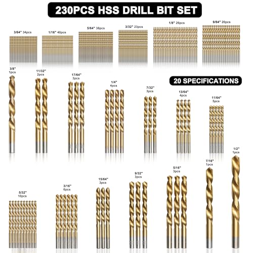 230 Pcs Drill Bit Set(1/16“-1/2”), 135° Tip Titanium Coated High Speed Steel, Twist Drill Bit Kit for Iron, Aluminum Alloy, Copper, Wood, Plastic, with Hard Storage - style: TD-230-pcs