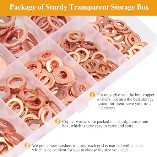 228 Pieces 10 Sizes Copper Washers Kit - Metric Flat and Sealing Metal Washers (M5 M6 M8 M10 M12 M14 M16) - color: Copper