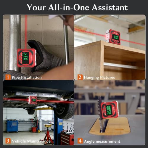 4-side Magnetic Digital Angle Gauge with Laser(Class 2, ＜1mW Output), 4 * 90° Rechargeable Electronic Inclinometer Protractor Level Gauge for Woodworking Tablesaw- Red - color: Red