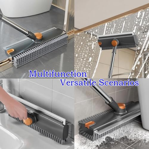 Floor Scrub Brush with Squeegee Long Handle 3 in 1 tub Brush 52'' 2026 Upgraded Multi-Functional Stiff Bristle Cleaning Scrub Brush Rotating Tile Brush for Cleaning Bathroom Patio, Pool, Garage - color: Gray Orange