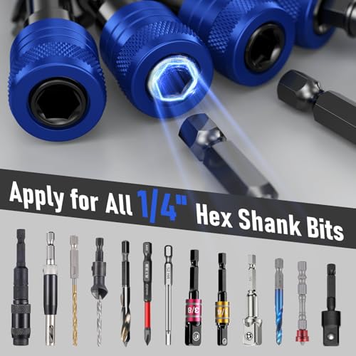 Enhanced Non-Slip Bit Holder Key Chain 6pc, Drill Bit Holder for 1/4 Inch Hex Shank Bits, Bit Holders for Impact Driver Drill Bit Extension, Screwdriver Bit Holder, Quick Change & Easy Access, Blue - color: Blue