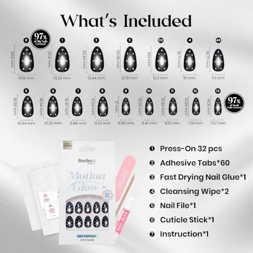 Beetles Black Cat Eye Press On Nails Short Almond, 32 PCS, White Polka Dots - color: 2B - Оnух Ring - S